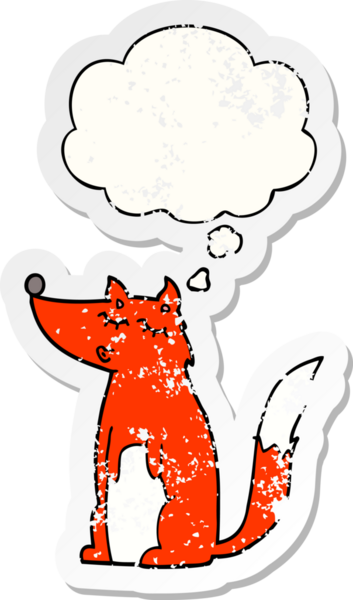 Düşünce baloncuğu olan karikatür kurdu, bir insan tarafından çizilmiş yıpranmış bir çıkartma.