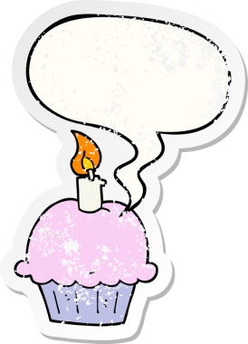 Doğum günü pastası. Konuşma baloncuklu. Bir insan tarafından çizilmiş sıkıntılı eski bir çıkartma.