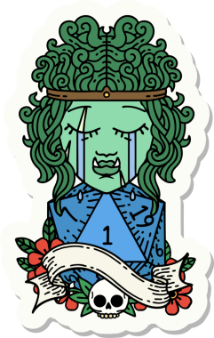 Ağlayan bir ork barbar karakterinin çıkartması. İnsan tarafından çizilmiş doğal bir D20 ruloyla.