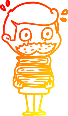 İnsan tarafından çizilmiş bıyıklı ve kitaplı bir çizgi film karakteri çizimi.