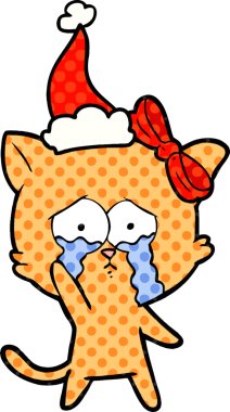 Bir insan tarafından çizilmiş Noel Baba şapkası takan bir kedinin el çizimi çizgi roman tasviri