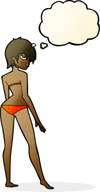 Bir insan tarafından çizilmiş düşünce balonlu bikinili karikatür kadın.