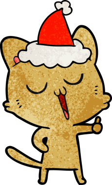 Bir insanın çizdiği Noel Baba şapkasıyla şarkı söyleyen bir kedinin el çizimi karikatürü.