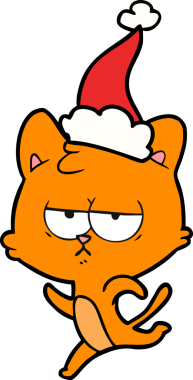 Bir insan tarafından çizilmiş Noel Baba şapkası takan bir kedi çizilmiş.