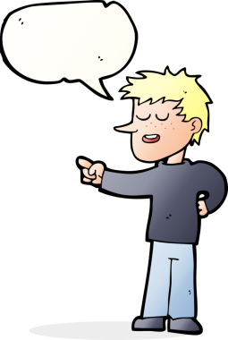 Bir insan tarafından çizilmiş bir konuşma balonuyla işaret eden çizgi film adamı.