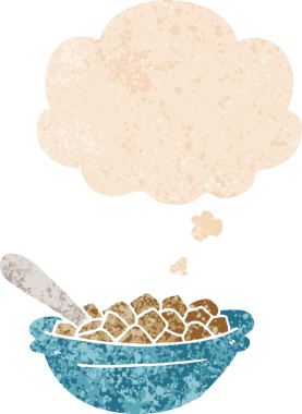 Düşünce baloncuklu çizgi film mısır gevreği kasesi grunge sıkıntılı retro stili bir insan tarafından çizilmiş