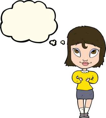 Bir insan tarafından çizilmiş düşünce baloncuğuyla kendine el kol hareketi yapan karikatür kadını.