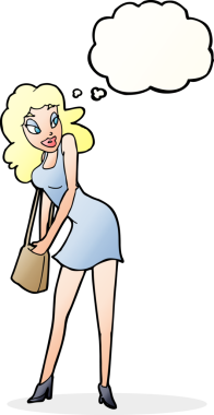 Bir insan tarafından çizilmiş düşünce balonuyla el çantasına bakan karikatür kadın.