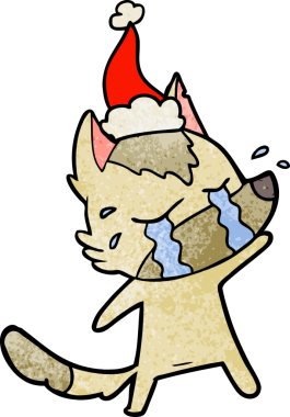 Ağlayan bir kurdun insan tarafından çizilmiş Noel Baba şapkası taktığı el çizimi bir çizgi film.