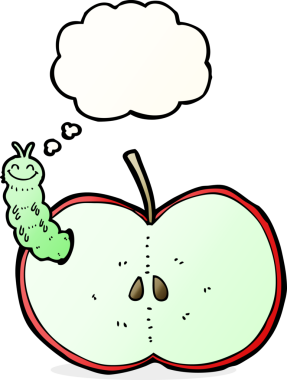 Bir insan tarafından çizilmiş düşünce balonlu elma yiyen çizgi film böceği.