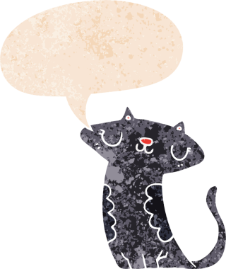 grunge 'da konuşma balonu olan çizgi film kedisi bir insan tarafından çizilmiş dertli retro desenli