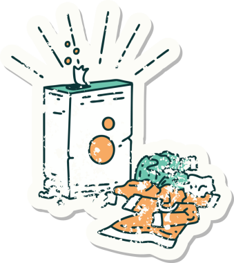 Dövme stili eski bir çıkartma deterjan ve bir insan tarafından çizilmiş elbise yığını.