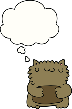 Bir insan tarafından çizilmiş düşünce baloncuklu çizgi film ayısı.