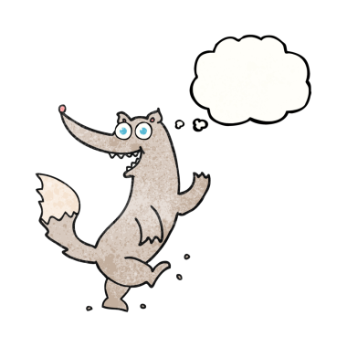 Bir insan tarafından çizilmiş serbest çizim düşünce balonu desenli mutlu kurt dansı.