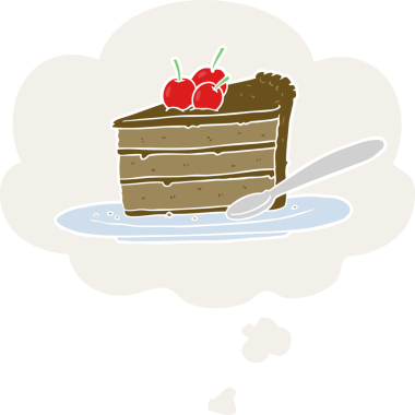 Düşünce baloncuklu çikolatalı pasta insan tarafından çizilmiş.