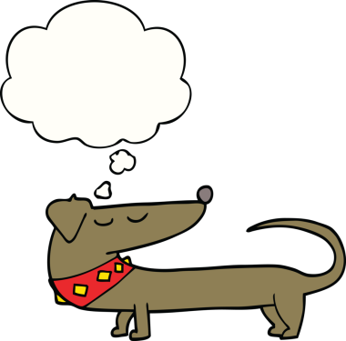 Bir insan tarafından çizilmiş düşünce baloncuklu çizgi film köpeği.