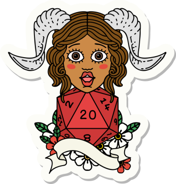 Bir insan tarafından çizilmiş doğal yirmi zarla yapıştırılmış bir etiket.