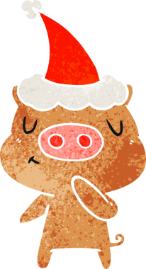 Bir insan tarafından çizilmiş Noel Baba şapkası takan bir domuzun el çizimi karikatürü.