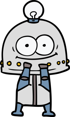 Bir insan tarafından çizilmiş ampullü mutlu karton robot.