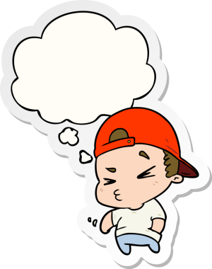 Düşünce baloncuğu olan karikatür havalı çocuk bir insan tarafından çizilmiş çıkartma