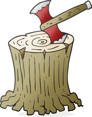 Bir insan tarafından çizilmiş ağaç kütüğünde serbest çizilmiş balta.