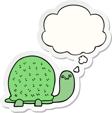 Bir insan tarafından çizilmiş bir çıkartma olarak düşünce baloncuğu olan sevimli çizgi film kaplumbağası.