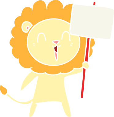 Gülen aslan düz renkli karikatür, bir insan tarafından çizilmiş.