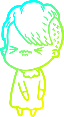 Bir çizgi film karakteri çizen soğuk gradyan, bir insan tarafından çizilmiş hippi bir kız.