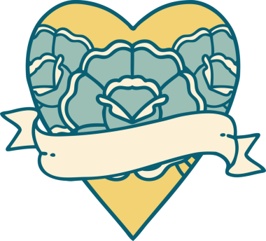 İkonik dövme stili bir kalp ve bir insan tarafından çizilmiş çiçekli pankart.