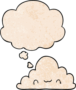 Bir insan tarafından çizilmiş grunge doku tarzında düşünce baloncuğu olan sevimli çizgi film bulutu.