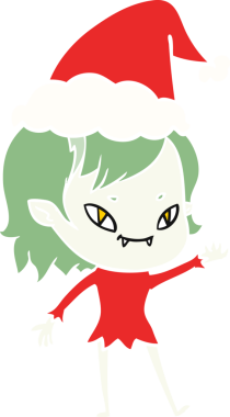 Bir insan tarafından çizilmiş Noel Baba şapkası giyen arkadaş canlısı vampir bir kızın el resmi.