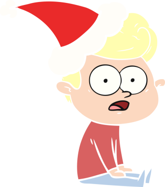 Bir insan tarafından çizilmiş Noel Baba şapkası takan düz renkli bir adamın resmi.