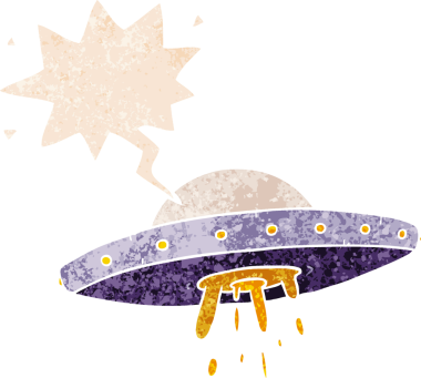 Uçan UFO çizgi filmi grunge 'da konuşma baloncuğu ile bir insan tarafından çizilmiş sıkıntılı retro dokuma tarzı