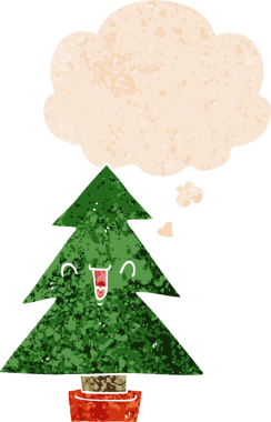 Düşünce baloncuğu olan karikatür noel ağacı grunge sıkıntılı retro dokuma tarzı bir insan tarafından çizilmiş