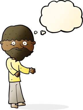 Bir insan tarafından çizilmiş düşünce baloncuğu olan mutlu sakallı adam.