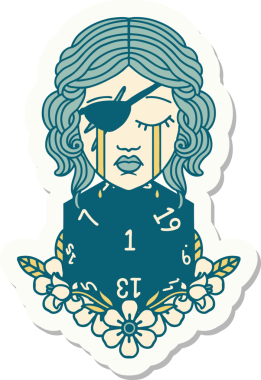 Ağlayan bir insan hırsızının çıkartması. Bir insan tarafından çizilmiş doğal bir D20 rulosu.