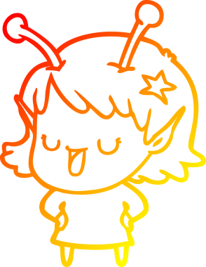 Bir insan tarafından çizilmiş mutlu bir uzaylı kız çizgi filmi.