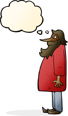 Karikatür sakallı yaşlı adam. Düşünce baloncuğu insan tarafından çizilmiş.