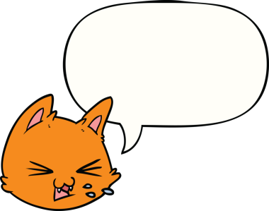 Bir insan tarafından çizilmiş konuşma baloncuğu ile çizgi film kedi suratı tükürüyor.