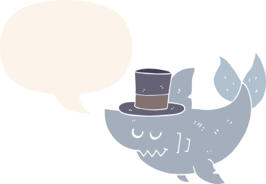 Çizgi film köpekbalığı şapkası takıyor ve konuşma baloncuğu bir insan tarafından çizilmiş.