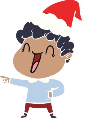 Bir insan tarafından çizilmiş Noel Baba şapkası takan mutlu bir adamın düz renkli çizimi.