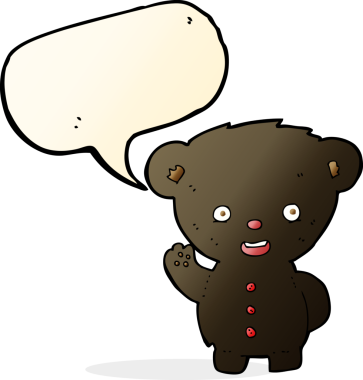 Bir insan tarafından çizilmiş konuşma balonlu siyah ayı yavrusunu sallayan çizgi film.