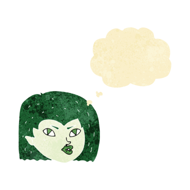 Bir insan tarafından çizilmiş düşünce baloncuklu vampir yüzü.