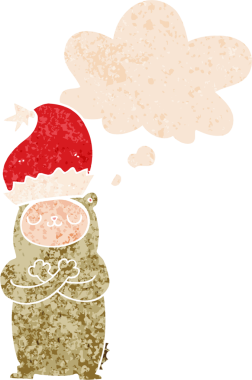 Çizgi film ayısı Noel şapkası takıyor. Düşünce baloncuğu ve grunge dertli eski moda bir insan tarafından çizilmiş.