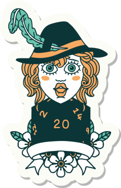 Bir insan ozan karakterinin çıkartması. Bir insan tarafından çizilmiş doğal 20 zar.