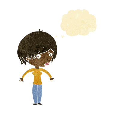 Bir insan tarafından çizilmiş düşünce baloncuğuyla omuz silken çizgi film kadını.