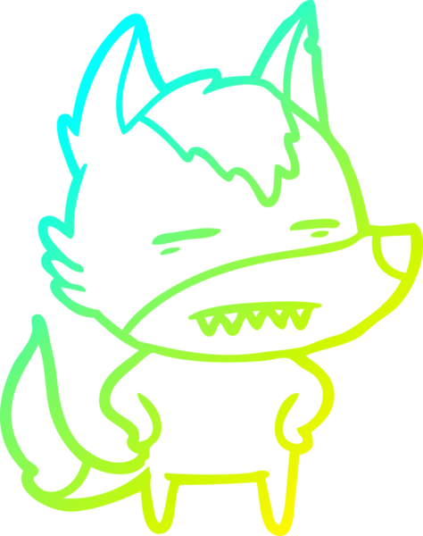 Bir insan tarafından çizilmiş dişleri gösteren çizgi bir kurt çizimi.