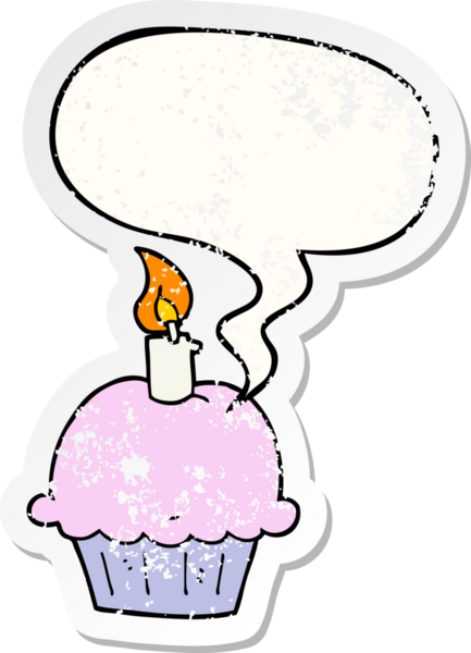 Doğum günü pastası. Konuşma baloncuklu. Bir insan tarafından çizilmiş sıkıntılı eski bir çıkartma.