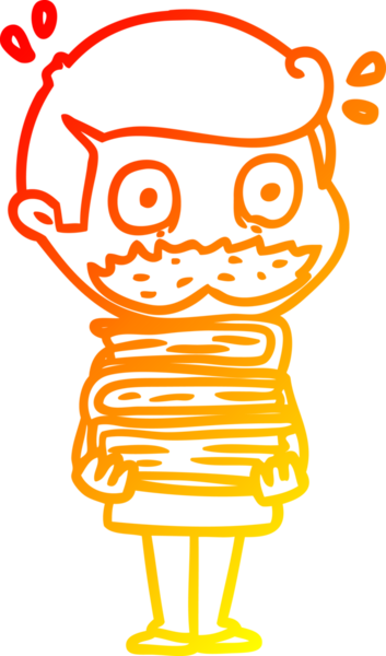 İnsan tarafından çizilmiş bıyıklı ve kitaplı bir çizgi film karakteri çizimi.