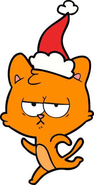 Bir insan tarafından çizilmiş Noel Baba şapkası takan bir kedi çizilmiş.